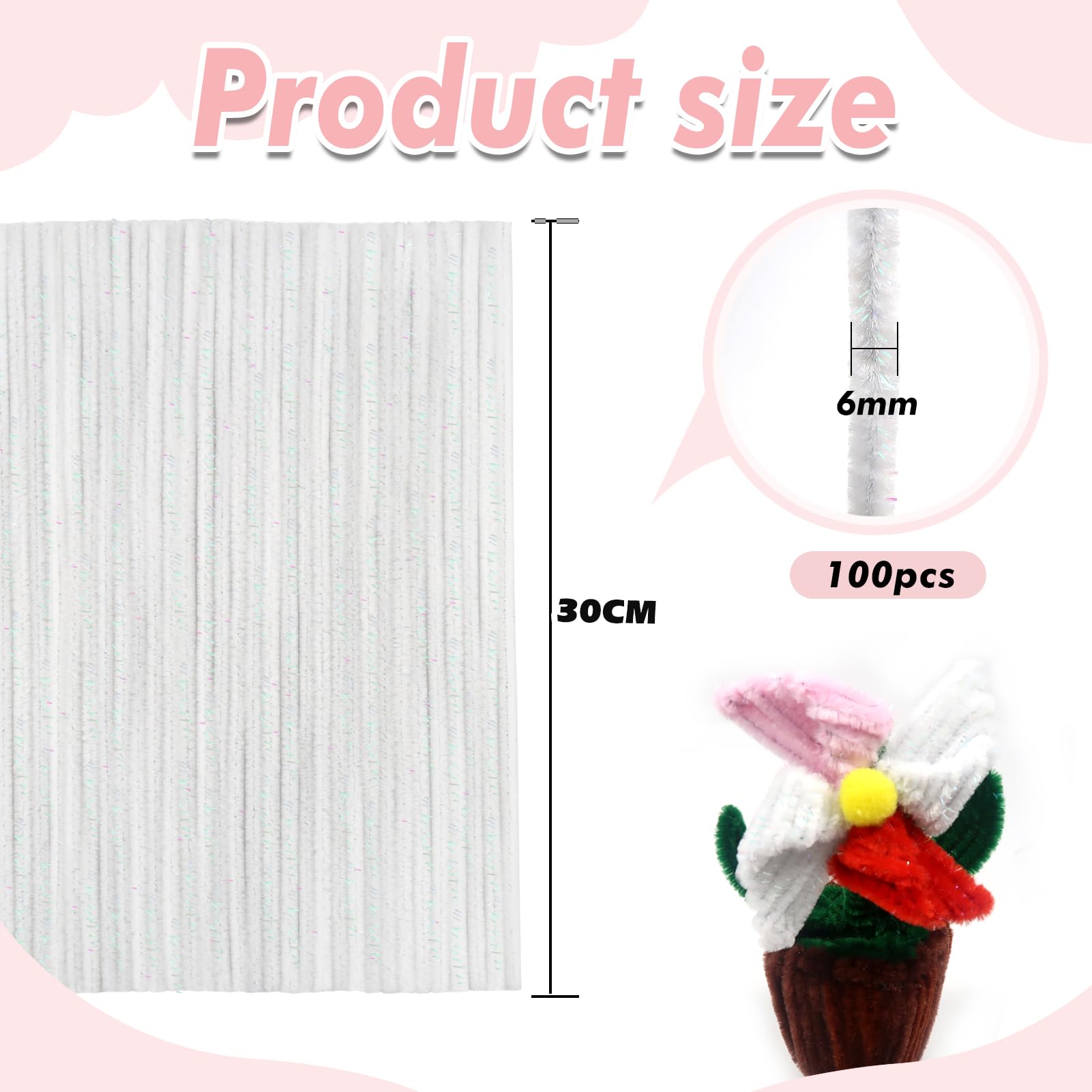 TOAOB 100pcs Glitter White Pipe Cleaners Metallic Chenille Stems 12 Inch Fuzzy Sticks Craft Supplies for DIY Art Craft Projects Home Decorations