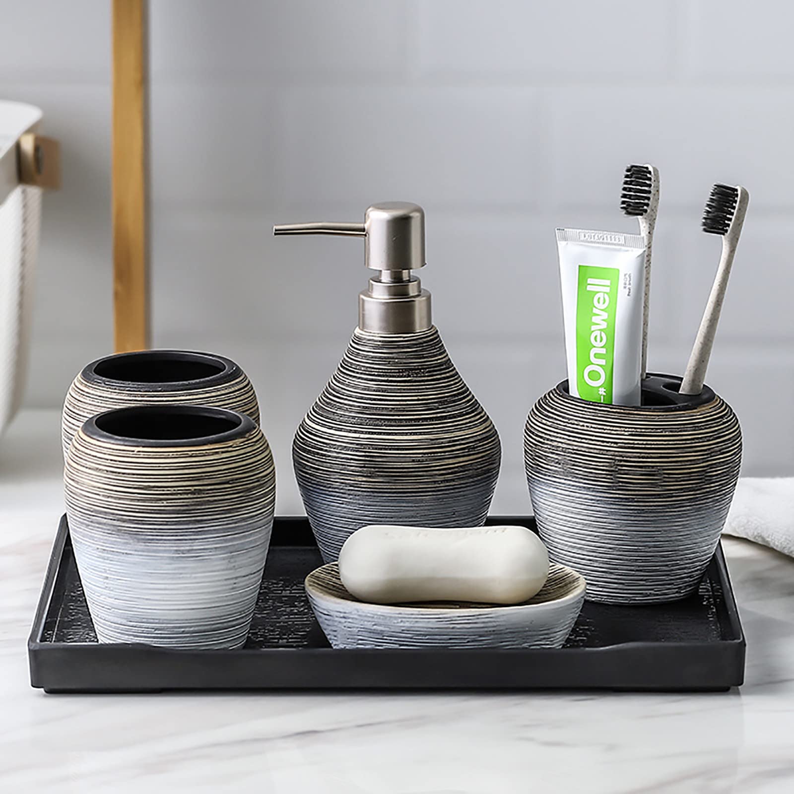 Juegos de Accesorios de baño, Acesorios Cuartos de Baño 5 Piezas con Dispensador Jabon Baño, Jabonera Baño, Porta Cepillo de Dientes, Bandeja, para Champú Gel de Ducha Cerámica Cepillado