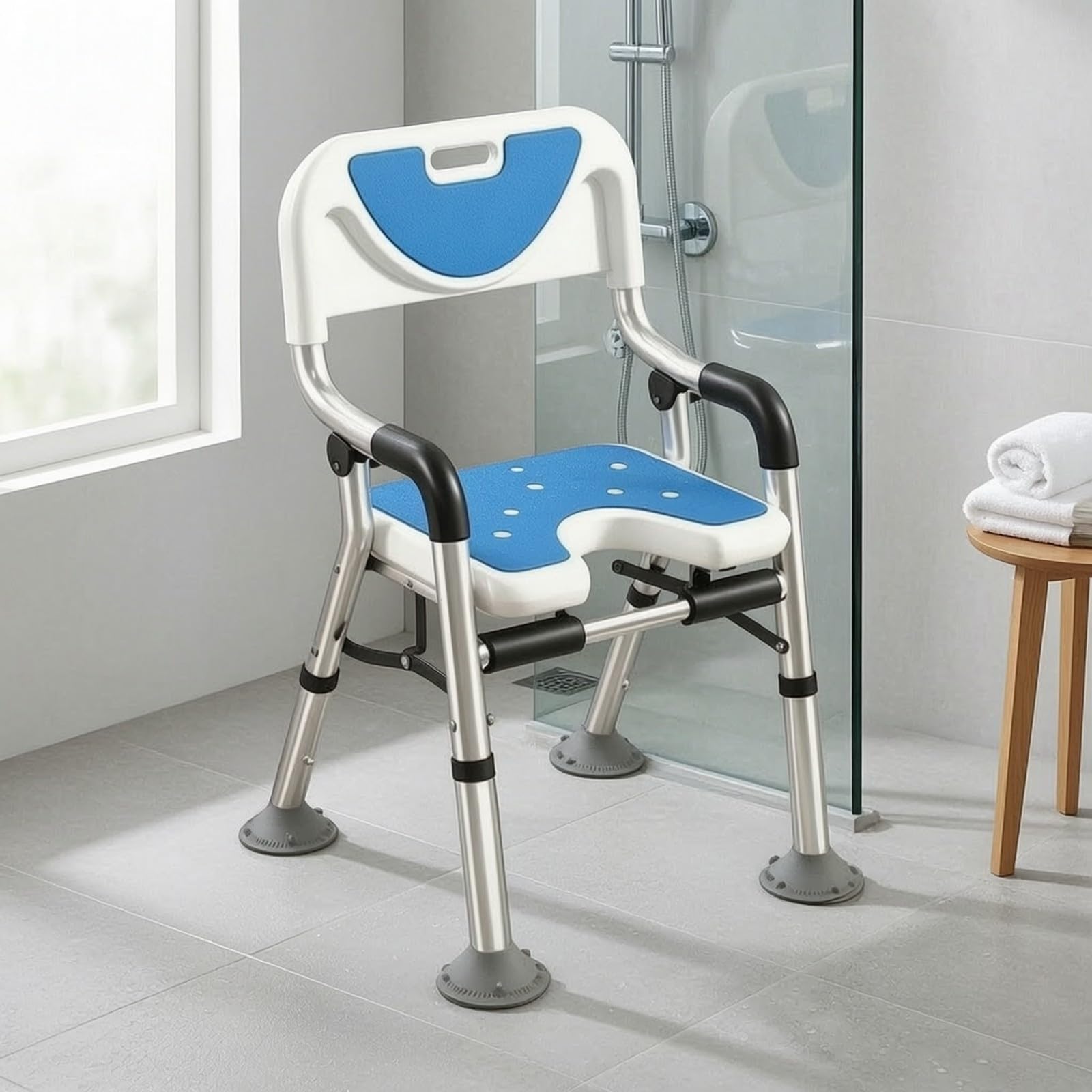 Qianly Silla Ducha con Brazos Segura Mueble | Altura Ajustable Adaptable, Silla para Ducha con Reposabrazos, Resistente Al Agua, Bañera, Ancianos, Gris