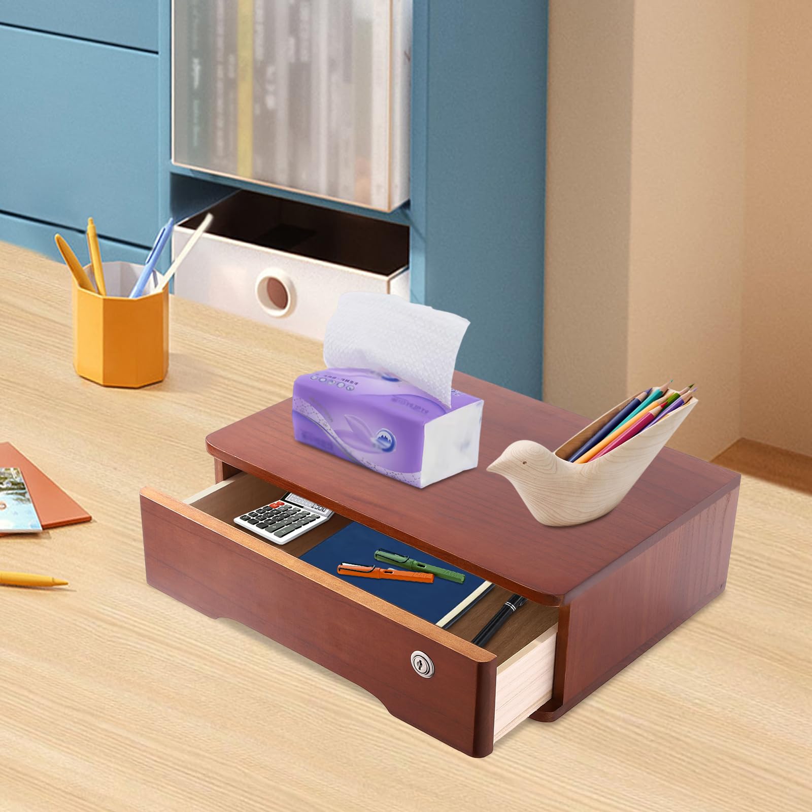 Organizer da scrivania in legno con cassetto chiudibile a chiave, per ufficio, cassetti, capacità per cancelleria, motivo ciliegia, 40 x 28 x 12 cm (colore noce)