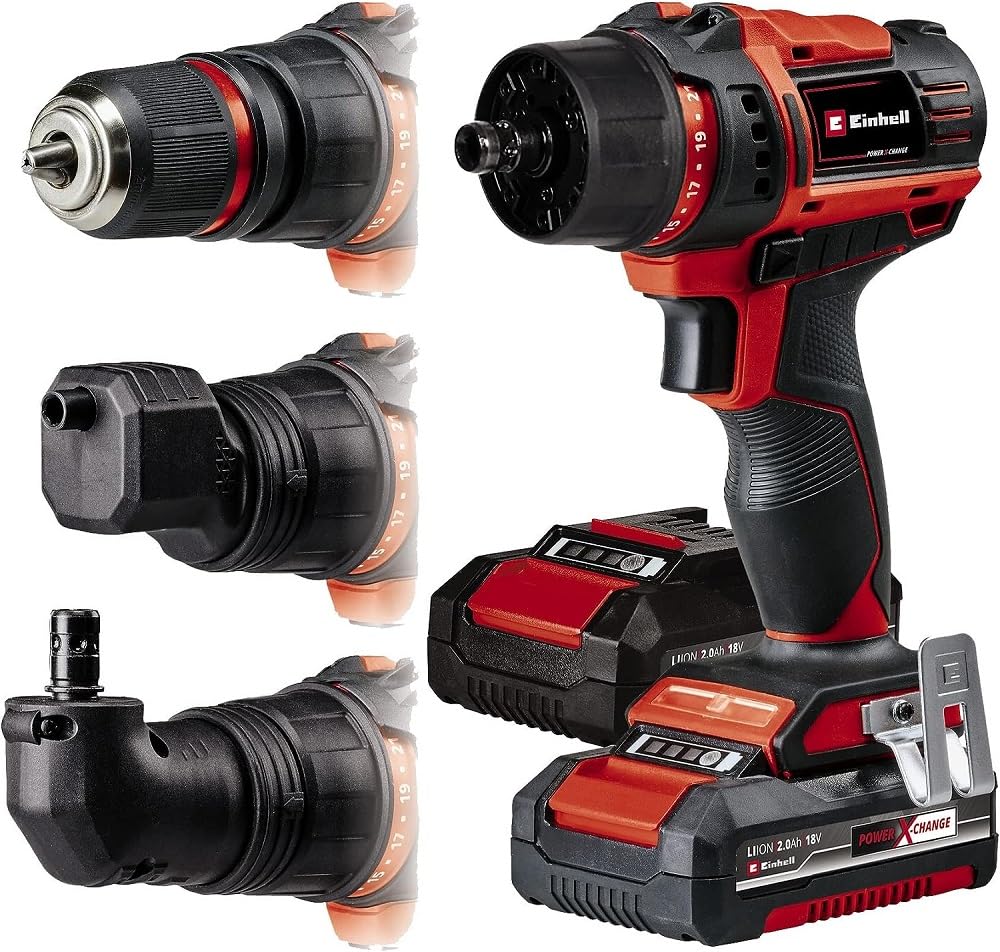 Einhell Trapano avvitatore a batteria TE-CD 18/45 3X-Li +22 2x2,0 Ah PXC (mandrino amovibile, attacco angolare, attacco eccentrico, 22 accessori te, 2 batterie da 2,0 Ah, caricabatteria + E-Box)