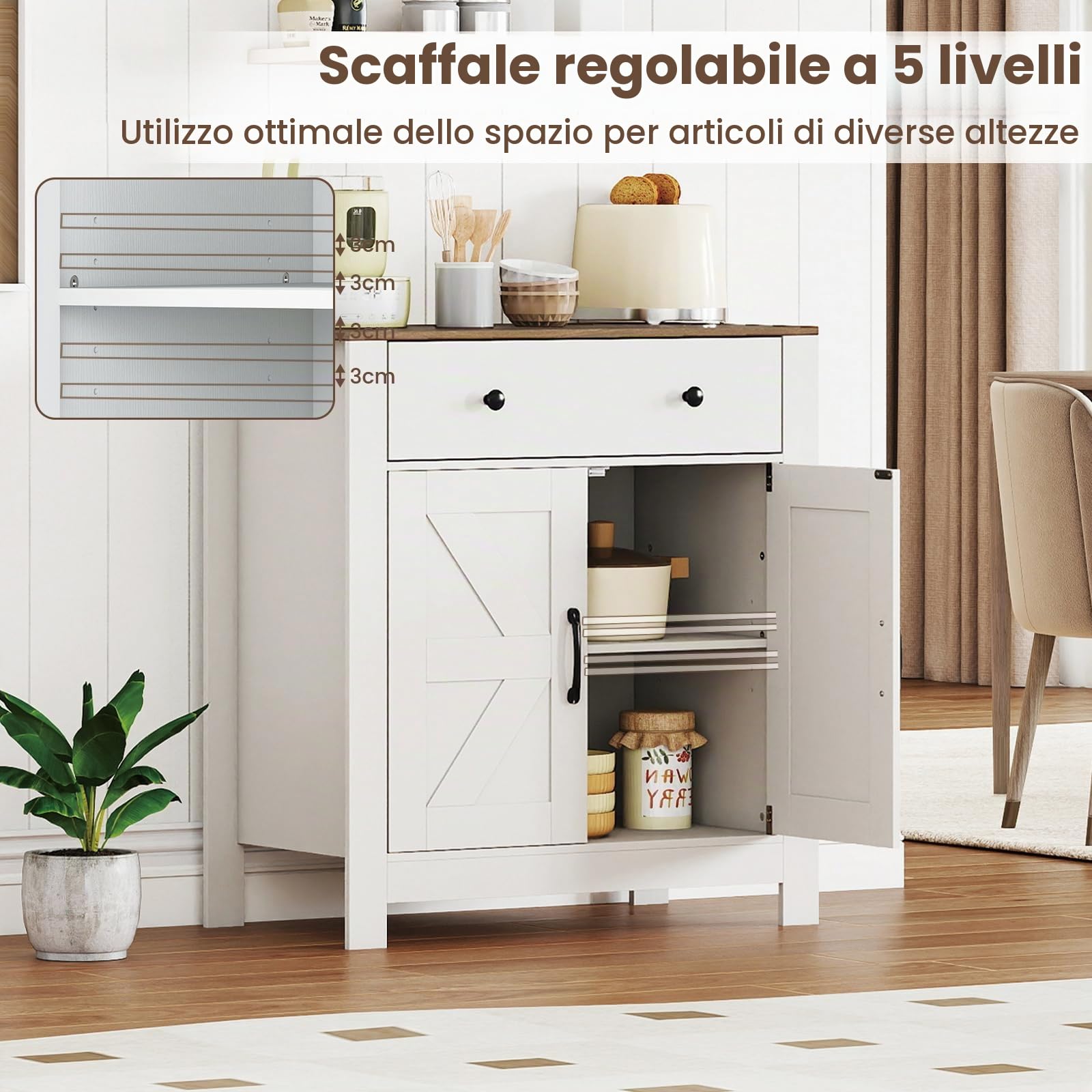 KOMFOTTEU Credenza Cucina con Ripiano Regolabile, 2 Ante e Cassetto