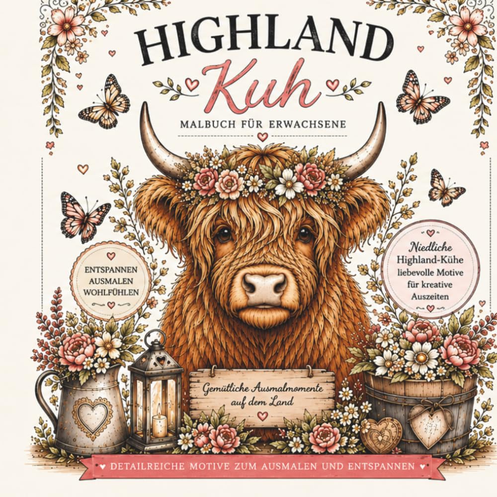 Highland-Kühe zum Verlieben: Ein zauberhaftes Malbuch für Erwachsene mit süßen Highland- Kühen, Bauernhof-Charme und liebevolle Motiven