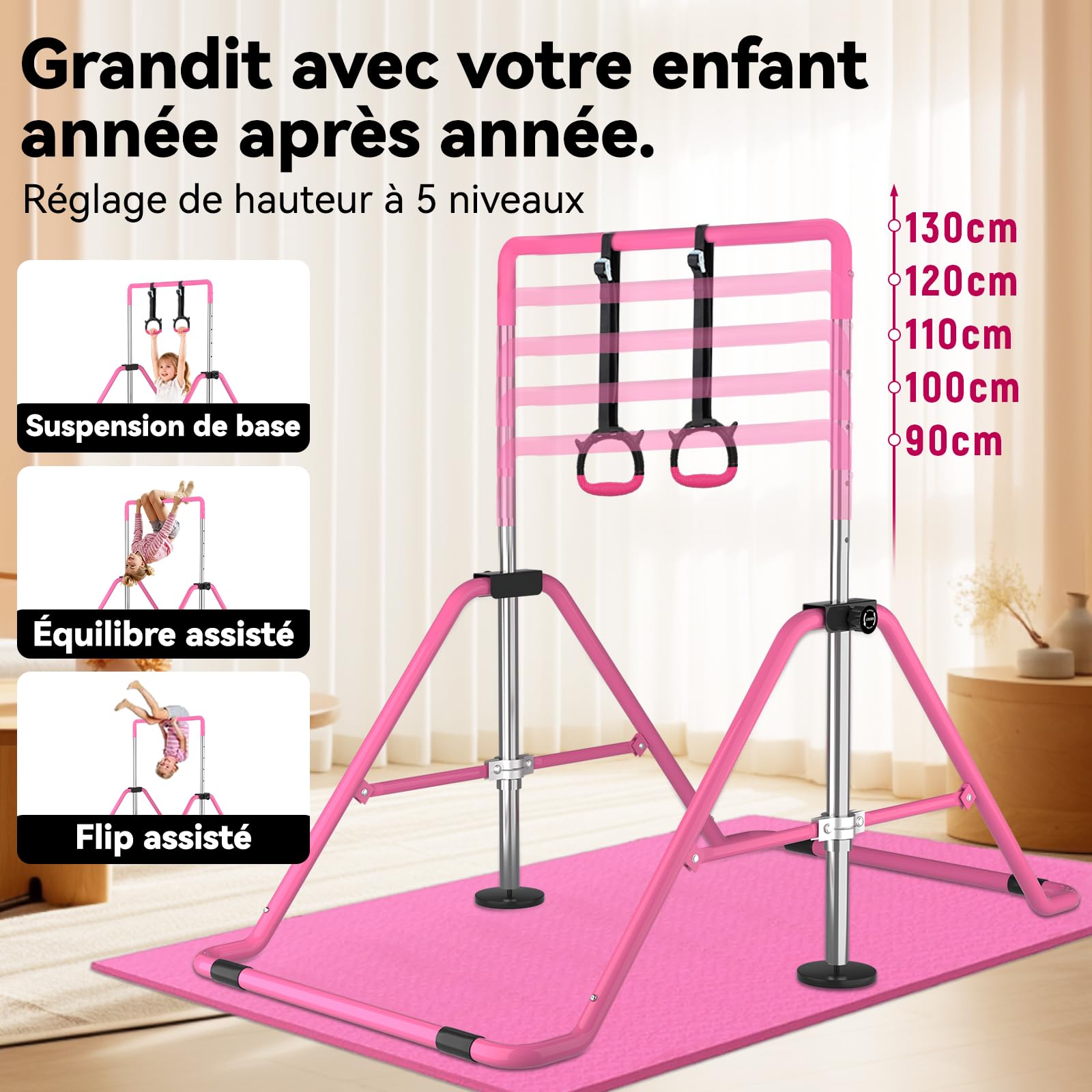 WATBKHE Barre de Gymnastique Pliable, Barre Horizontale avec Anneaux Tapis
