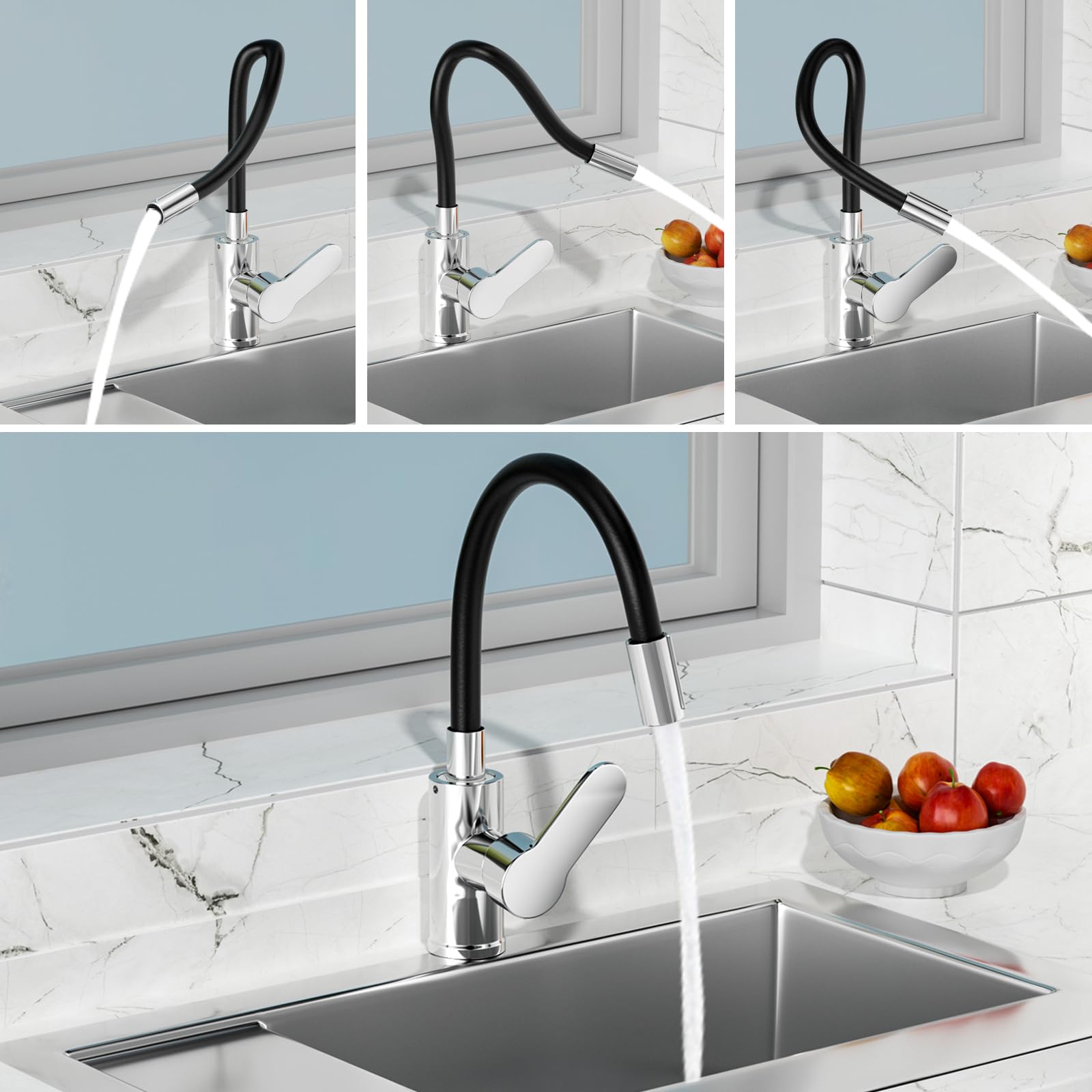 Mitigeur Évier Bec Flexible Robinet Cuisine Noir 360° Rotative Aérateur Économiseur Eau