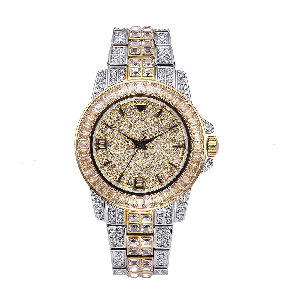 Mens Iced Out Quartz Watch Hip Hop Wristwatch Bling Simulated Diamonds Analog Watch 40.6mm Round Dial