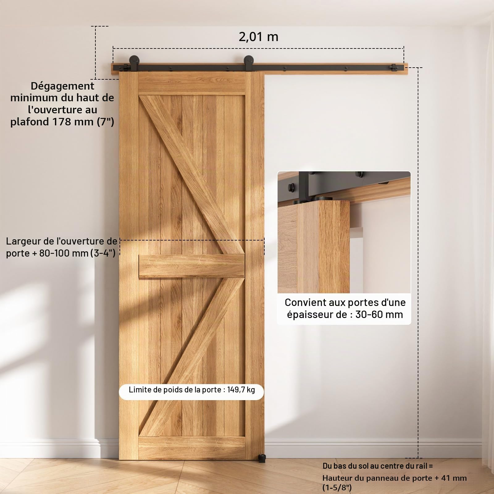 182CM/6FT ETIASQSA 6.6FT/200CM Quincaillerie De Porte Coulissante Kit Porte Coulissante Rail pour système de quincaillerie à célibataire porte Contient Ajustable Guide de Plancher Noir Guide