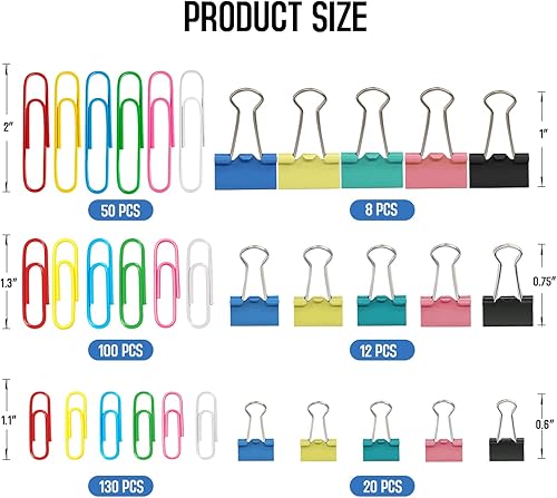 Miniatura 9 de Clips de papel, 340 clips de papel y clips de carpeta de varios tamaños, clips de colores grandes, medianos y pequeños, clips de carpeta, clips de