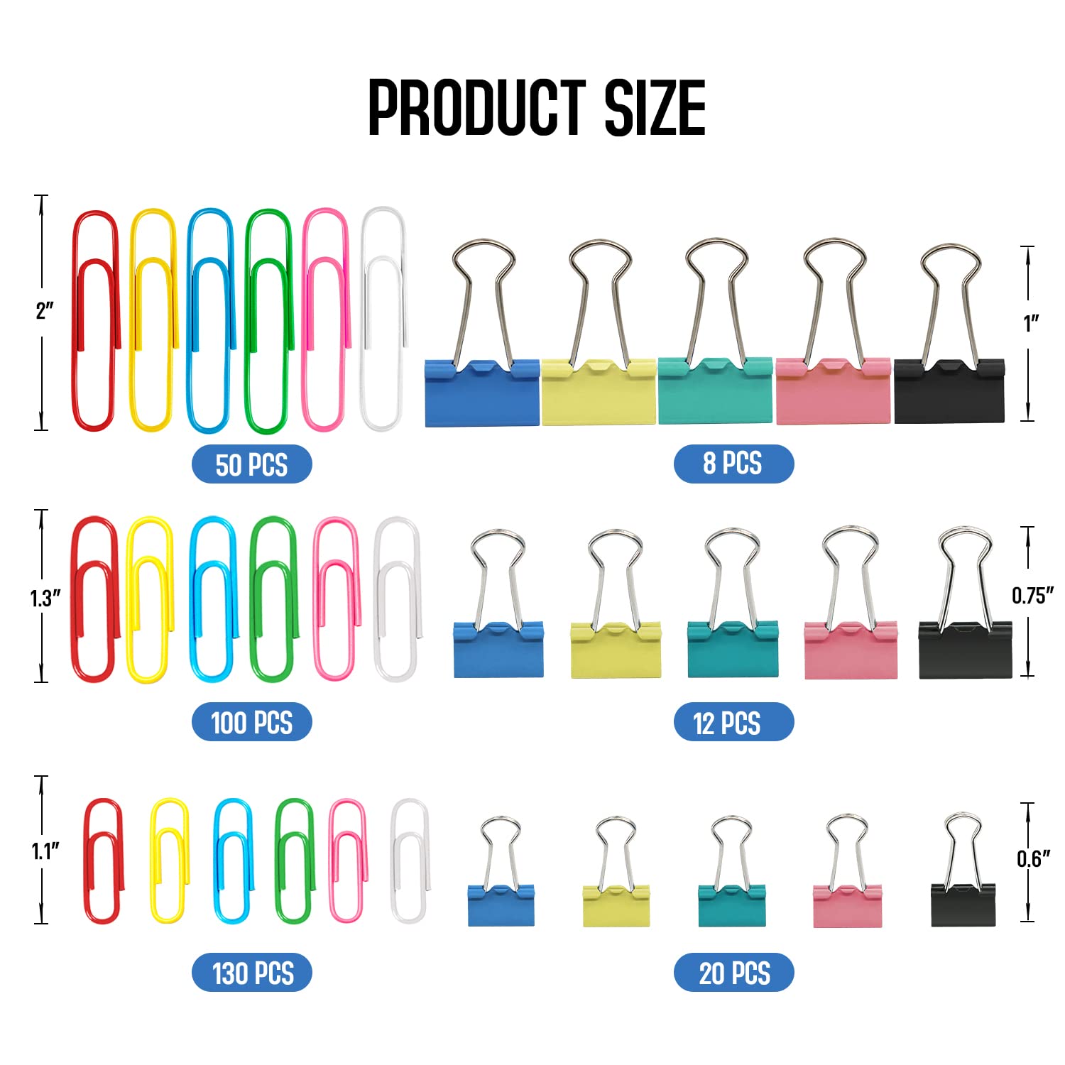 Büroklammern, Binder-Clips, 320 Stück, Büroklammern und Binderklammern, verschiedene Größen, farbige Büroklammern, groß und mittel, mittelgroß, klein und klein, für Zuhause, Büro, Schule,
