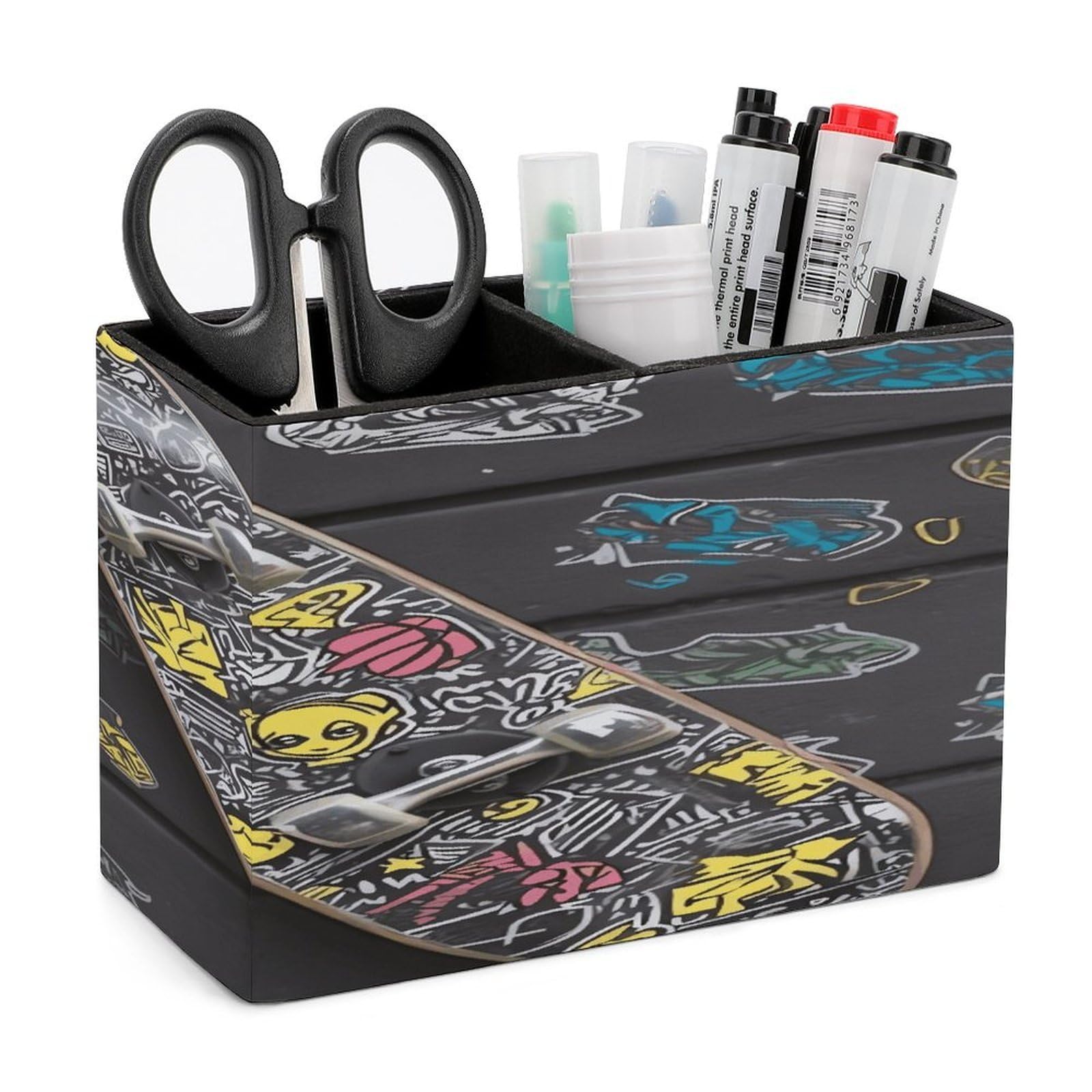 VstaDank Graffiti Skateboard Pen Holder Double Compartments Pen Cup Fashion Makeup Brush Holders Leather Pencil Holder for Work Locker Accessories Modern Pencil Cup for Desk Organizer