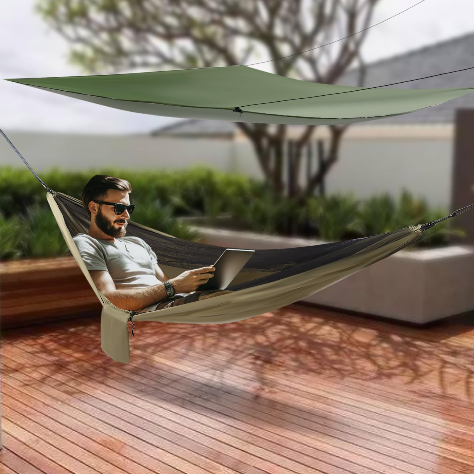 Hamac d'extérieur, hamac de camping, hamac avec moustiquaire, tente et bâche anti-mouche, hamac pour sac à dos, voyage, randonnée, jusqu'à 200 kg, vert
