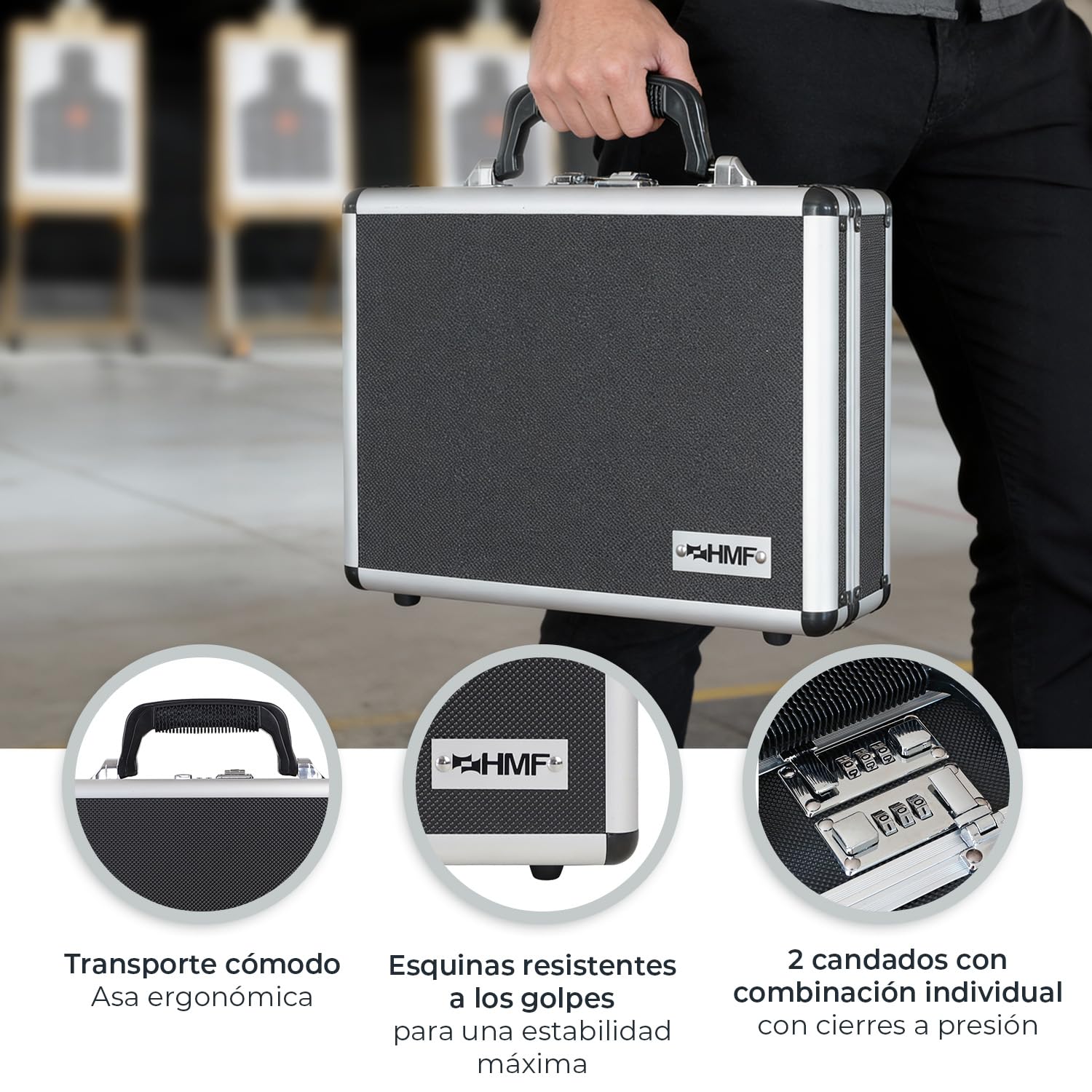 HMF 14403-02 Maleta de Aluminio para Pistolas con Cerradura de Combinación | 42 x 26 x 12 cm | Negro