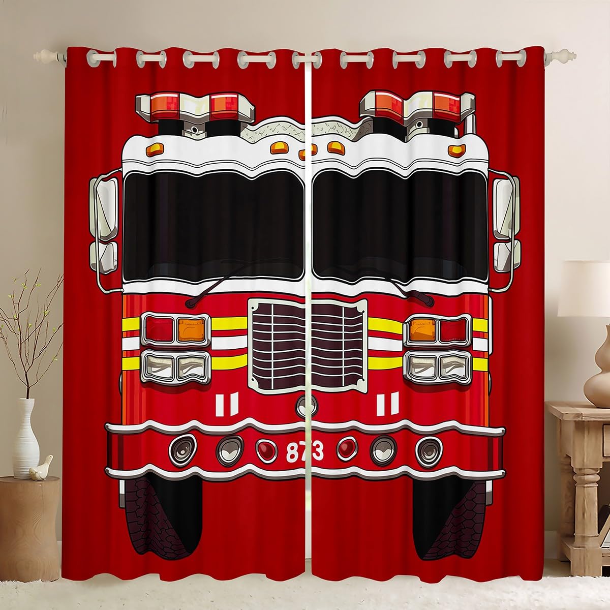 Manfei Fire Truck Window Curtains Red Fire Engine Window Treatments, Cartoon Fireman Car Window Drapes for Kids Boys Teens Room Decor Grommet Top 2 Panel Set Bedroom Curtains, 42Wx63L inch