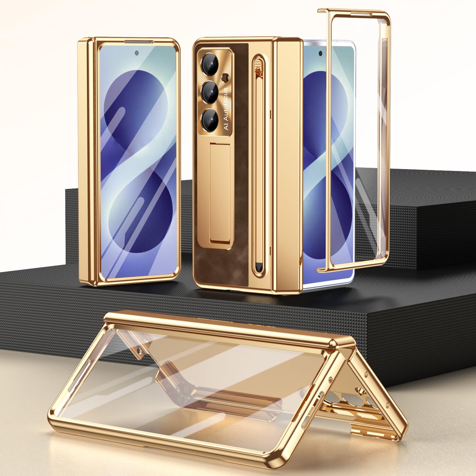 Étui compatible avec Samsung Galaxy Z Fold 8 Ultra, protection intégrale en cuir galvanisé avec fente pour stylo, café