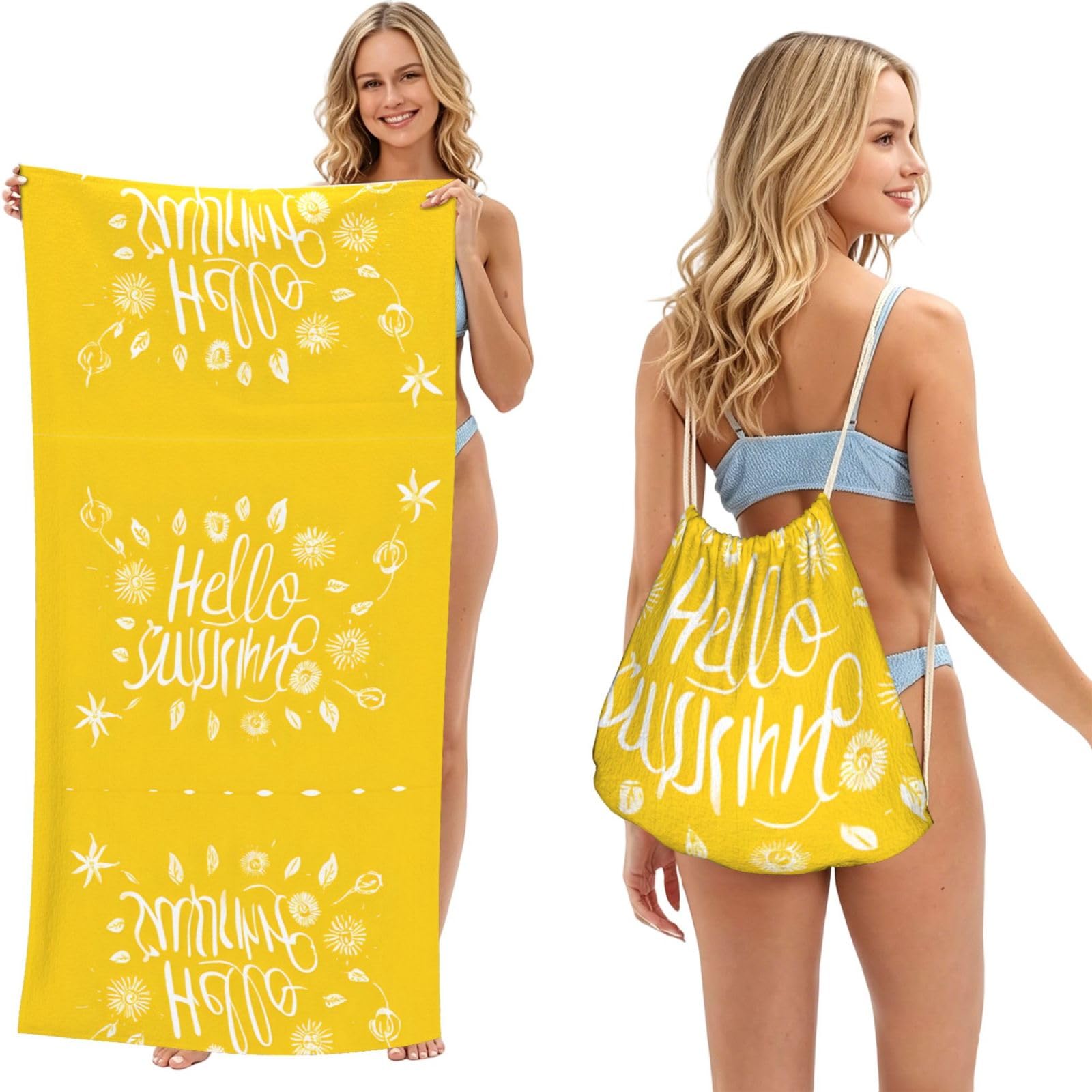ESNAIUVCD Goodlooking Hello Print Beach Towel For Adults,Towel With Drawstring Bag, Travel Pool Swimming Sports Shower Sand Free Quick Dry Bath Towel For Pool, Beach, Yoga- 180x60cm