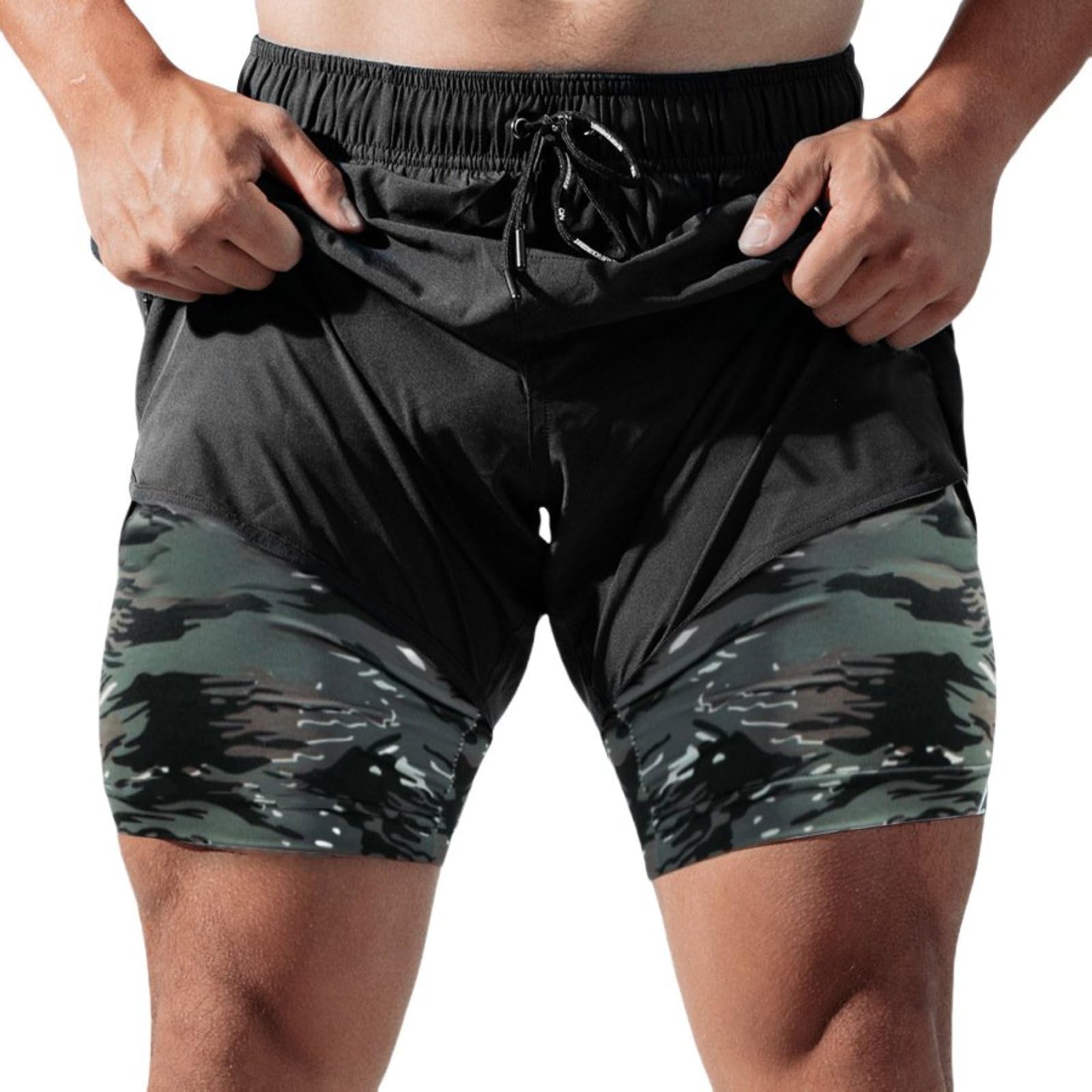 Mens Athletic Running Shorts with Camouflage Liner 2-in-1 Outdoor Training Sports Gym Workout Shorts
