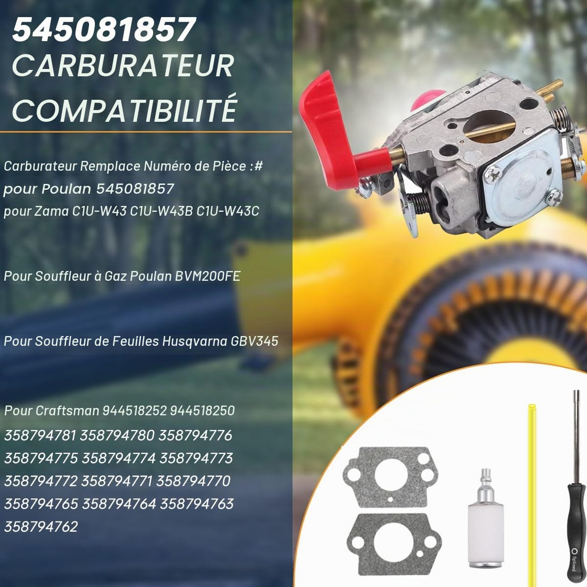 ZAMDOE Carburateur C1U-W43A BVM200FE Compatible pour Craftsman 358794700 358794750 358794751 GBV345 souffleur de Feuilles, Remplacement pour Poulan 545081857 pour ZAMA C1U-W43 C1U-W43B C1U-W43C