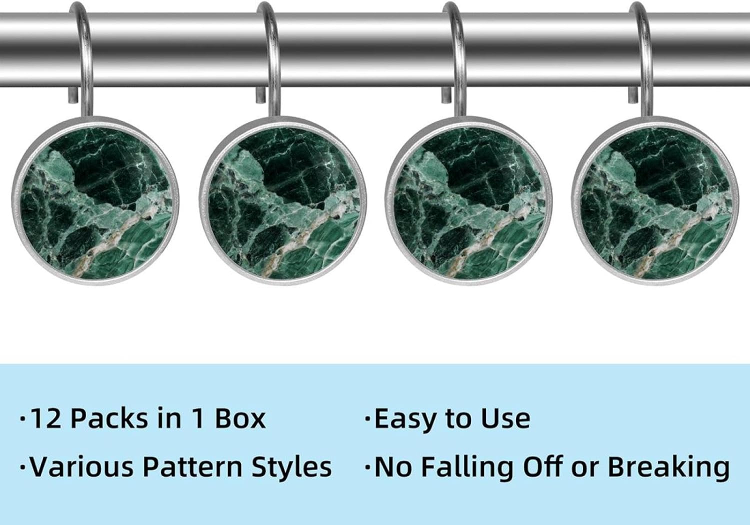 12PCS Emerald Green Marble (3) Shower Curtain Hooks Rings for Bathroom, Decorative Shower Curtain Hooks Rods Curtains and Liner