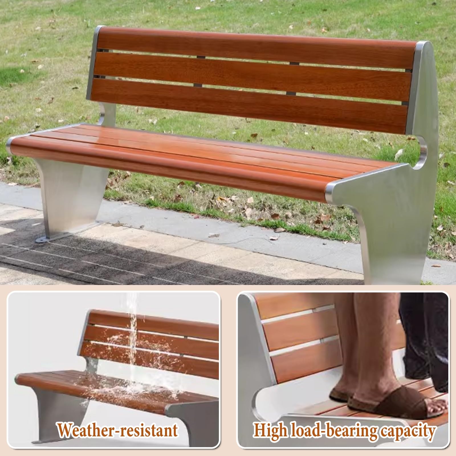 Ławka Parkowa ze Stali Nierdzewnej z Siedziskiem z Litego Drewna Ławka Ogrodowa 2-Osobowa Odporna na Warunki Atmosferyczne do Szpitali, Szkół, Place i Parków(150x60x80cm)