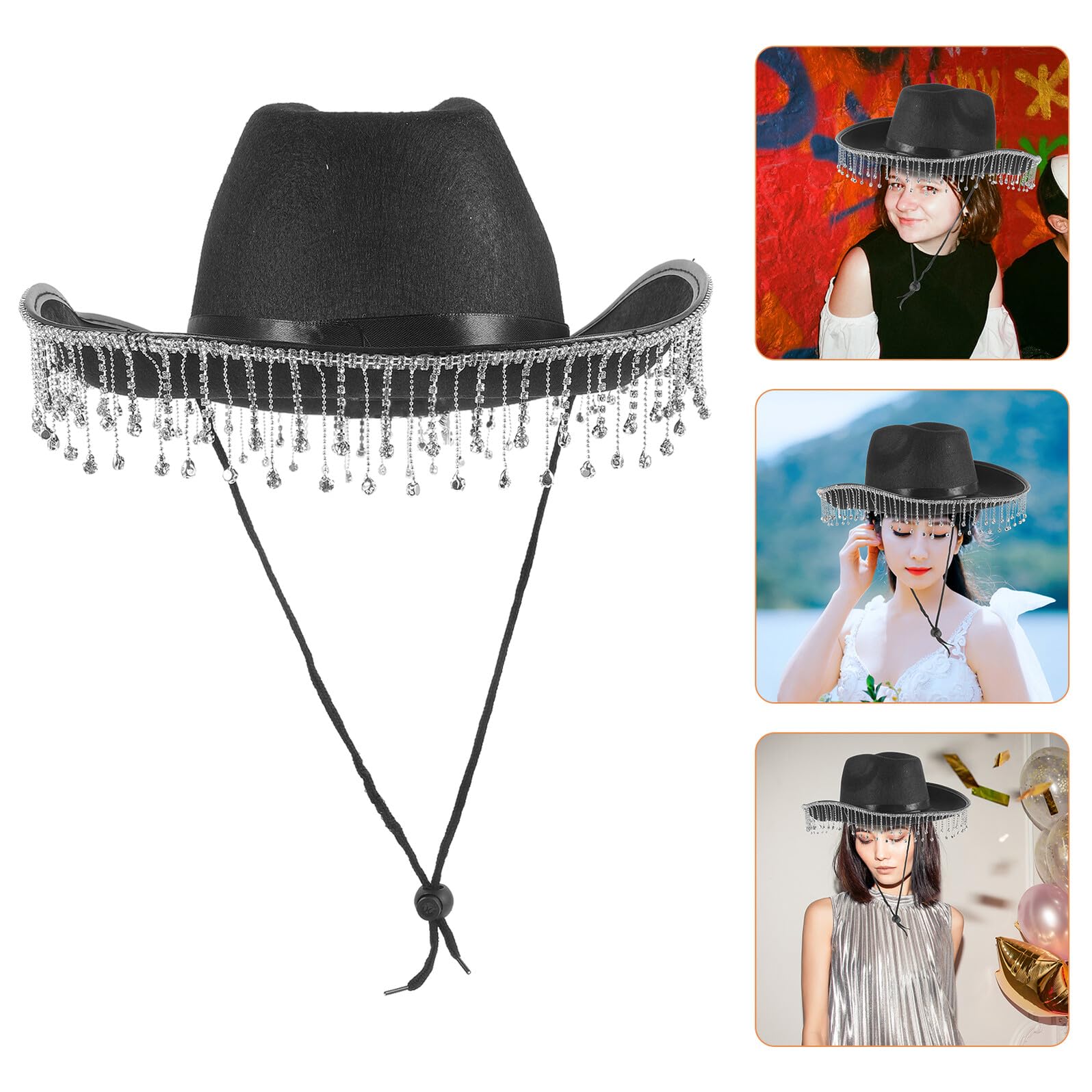 UPKOCH Sombrero estilo vaquero para mujer negro con borlas y pedrería diseño western para boda y fiestas sombrero transpirable de tela ligero y cómodo accesorio juvenil para eventos