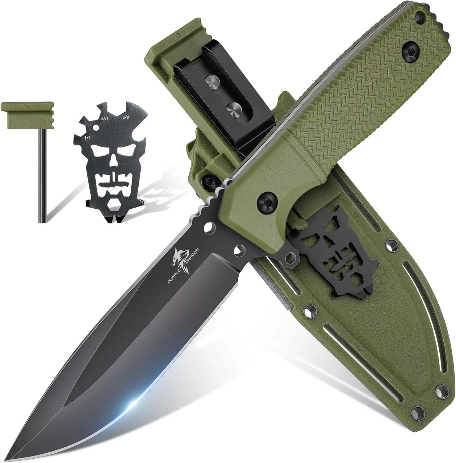 Purple Dragon Fixed Blade Knife with Kydex Sheath Green Knives for Camping, Gifts for Men