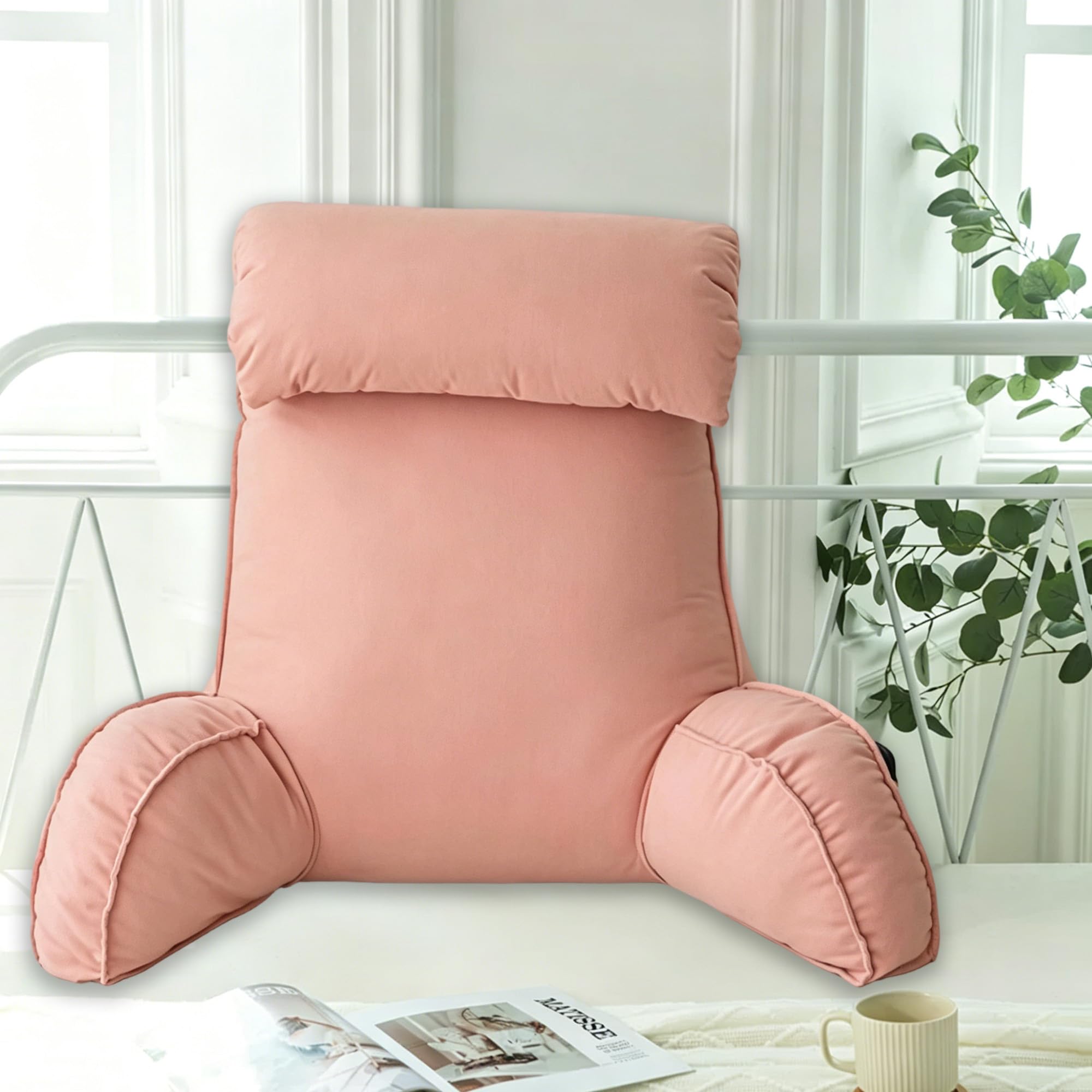 Hruile Pink Reading Pillow With Headrest, Back Arms Support Cushion For Adults And Kids, Backrest Pillow With Removable Cover, Cuddle Cushion For Sitting Gaming Relaxing (75×40×55Cm,)
