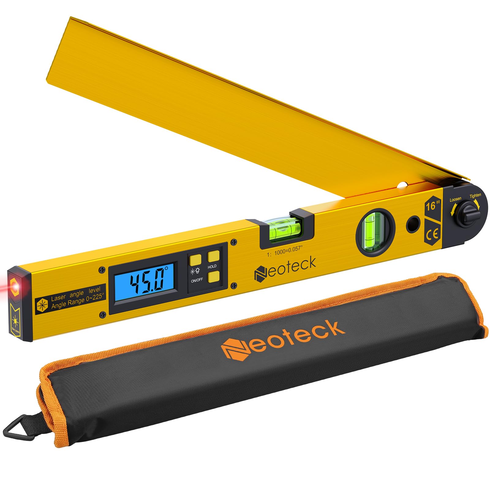Neoteck Digital Angle Finder 400mm, 0–225° Range, with Laser Line Alignment, Backlit LCD, 0.1°Fine Adjustment Lock, 5m Laser Distance, Aluminium Protractor for Woodworking & Construction – Gold