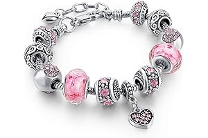 Girls' Silver Charm Bracelet Set with Pink Hearts