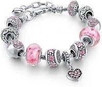 Capital Charms Pink Hearts Silver Plated Customizable Charm Bracelet Set with Beads, Adjustable Snake Chain - Perfect Jewelry Gift for Her