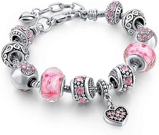 Capital Charms Pink Hearts Silver Plated Customizable Charm Bracelet Set with Beads, Adjustable Snake Chain - Perfect Jewelry Gift for Her