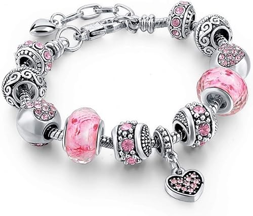 Juego de pulseras chapadas en plata con corazones rosados, regalos de joyería con cuentas, dijes y cadena de serpiente ajustable, se adapta a 7.5