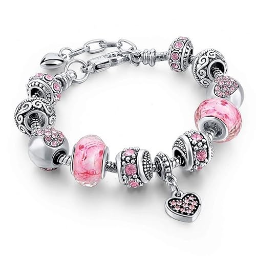 Brazalete de encantos plateado con corazones rosas de Capital Charms, conjunto de brazalete de encantos de joyería, regalos con cuentas, encantos y cadena de serpiente ajustable, se ajusta a 7.5"+1.5"