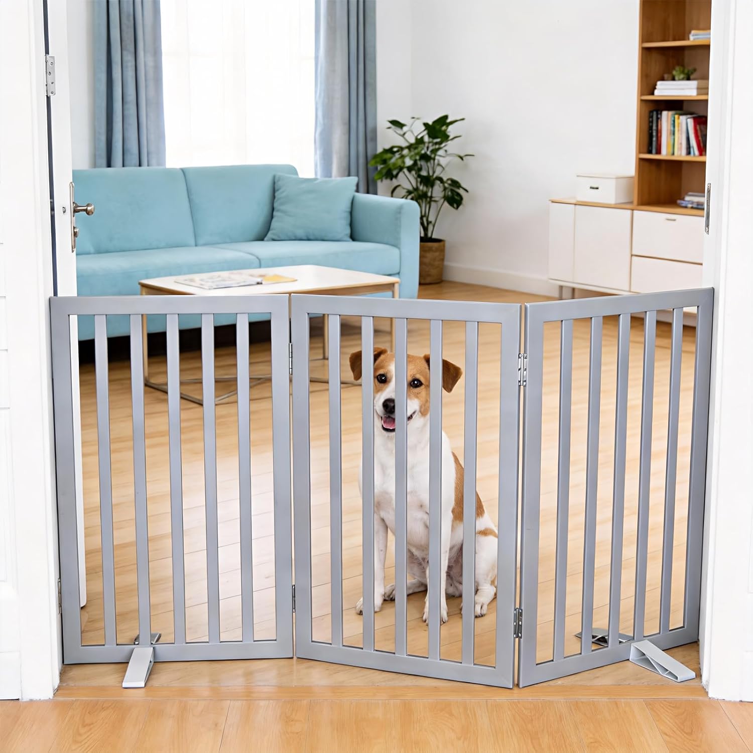 Dog Gate Indoor, Freestanding Dog Fence for The House, Doorways, Hallways,or Stairs,Pet Gate Foldable Wooden,Expandable 32" Height 3 Panels,Grey