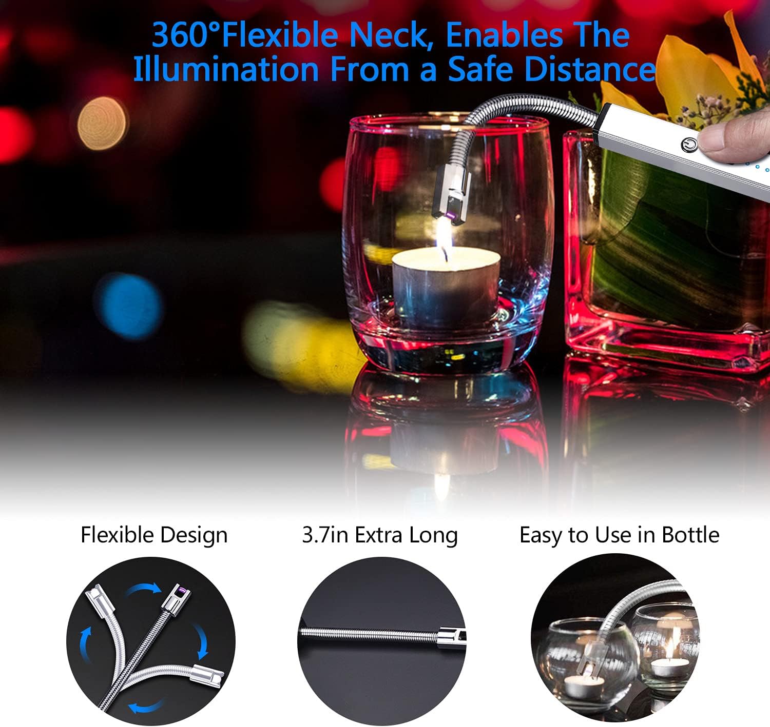 Aolfay Candle Lighter, Square Electric Lighter USB Rechargeable Plasma Grill Lighter LED Battery Display Safety Switch 360°Long Flexible Neck Arc Lighter for Camping Cooking BBQ Fireworks, Silver