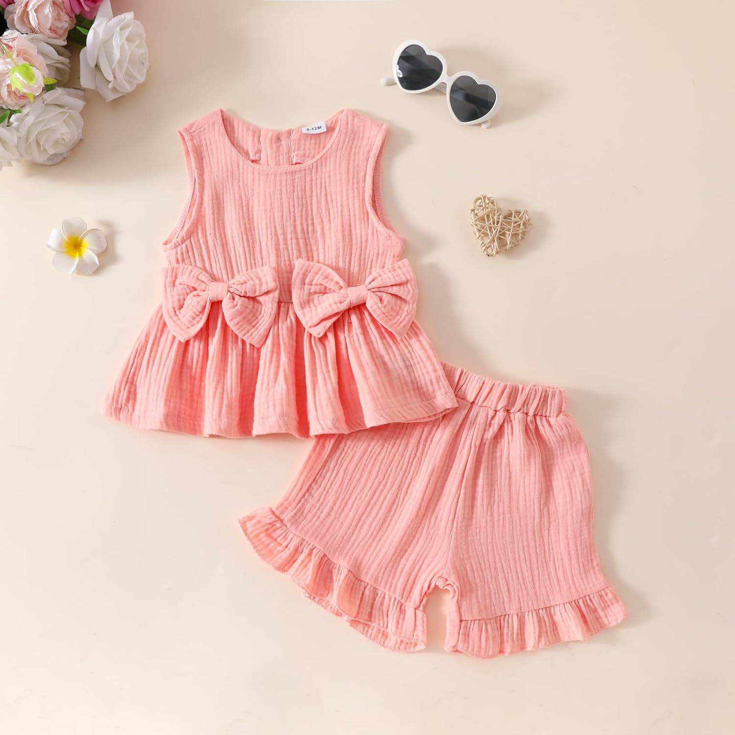 Toddler Girl Summer Outfits Solid Linen Outfit Two Bows Front Ruffle Tank Tops Shirts Shorts Cute Baby Girl Clothes - Image 8