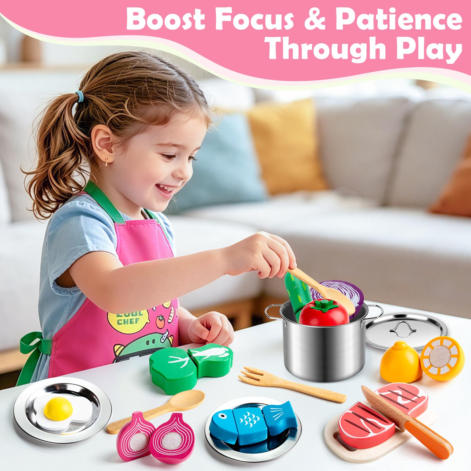 Sundaymot Juguetes de Cocina para niños Accesorios, juego de ollas y sartenes, utensilios de cocina, juego de chef para cortar alimentos verduras, juego de rol para niños mayores de 3 años