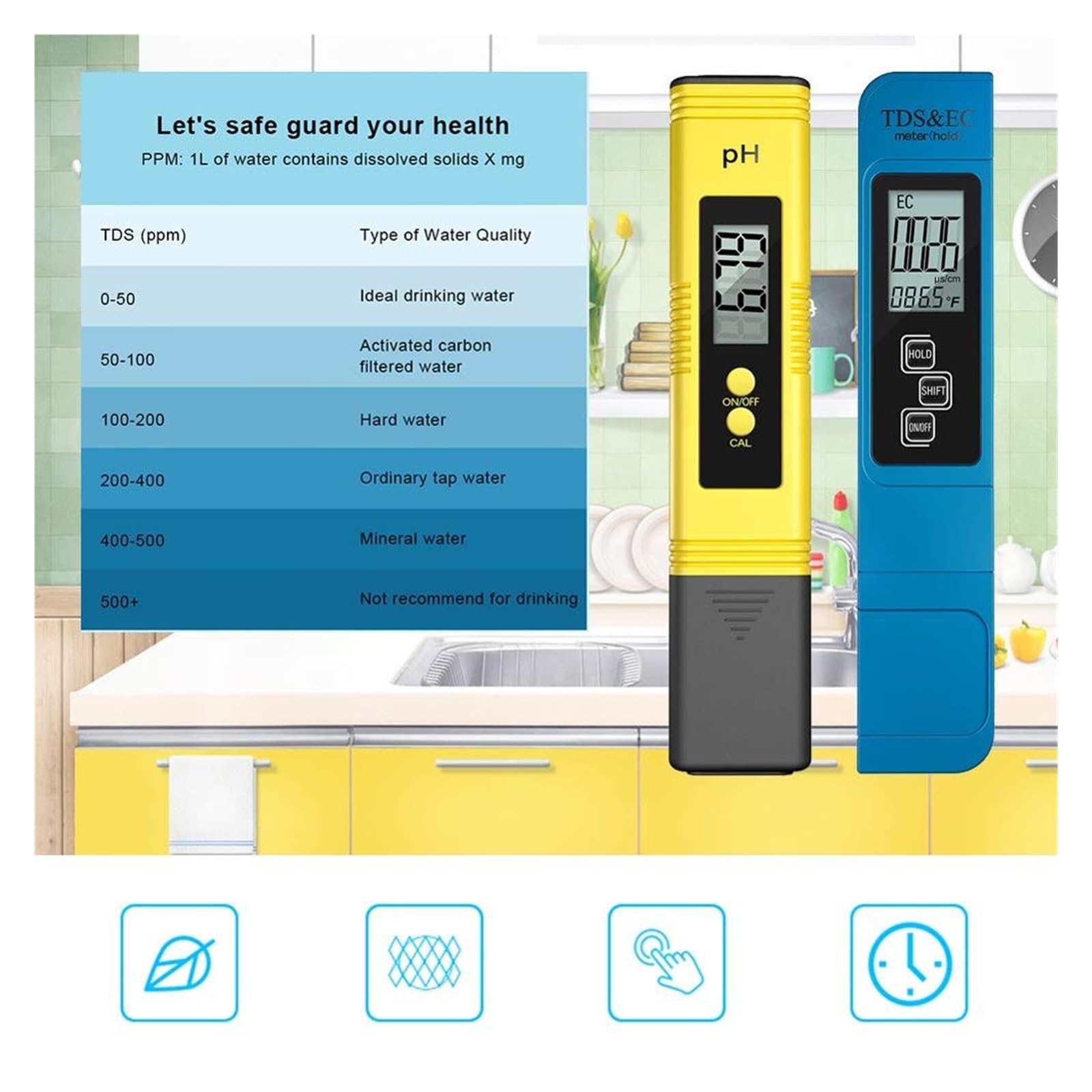 2 Szt. Miernik TDS Cyfrowy Tester Do Wody 0.0-14. PH 0-9990ppm I EC LCD Czystość PPM Filtr Akwarium(Blue)