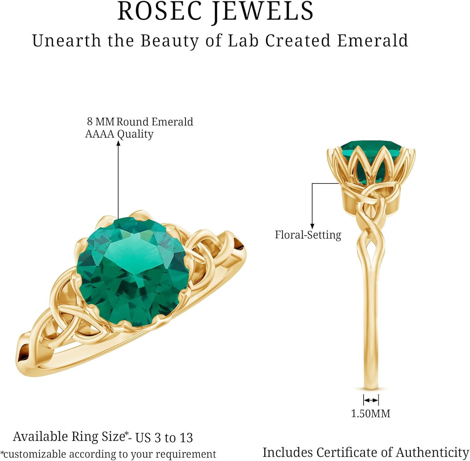 Certified 2 Carat Round Lab Grown Emerald Engagement Ring, AAAA Quality, Emerald Celtic Knot Ring - Mothers Day Gift