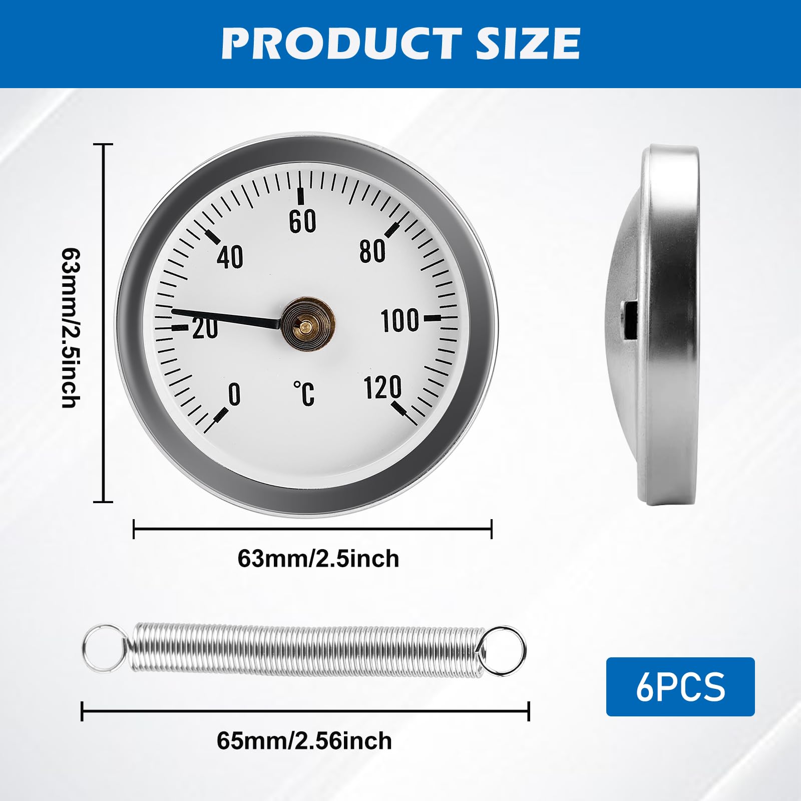 6 Stück Anlegethermometer, 63 mm 0-120 °C Anlegethermometer Heizungsrohr mit Clip-On Feder, Bimetall Anlegethermometer Thermometer, Kaminofen Rohr Thermometer für Heizanlagen und Kessel