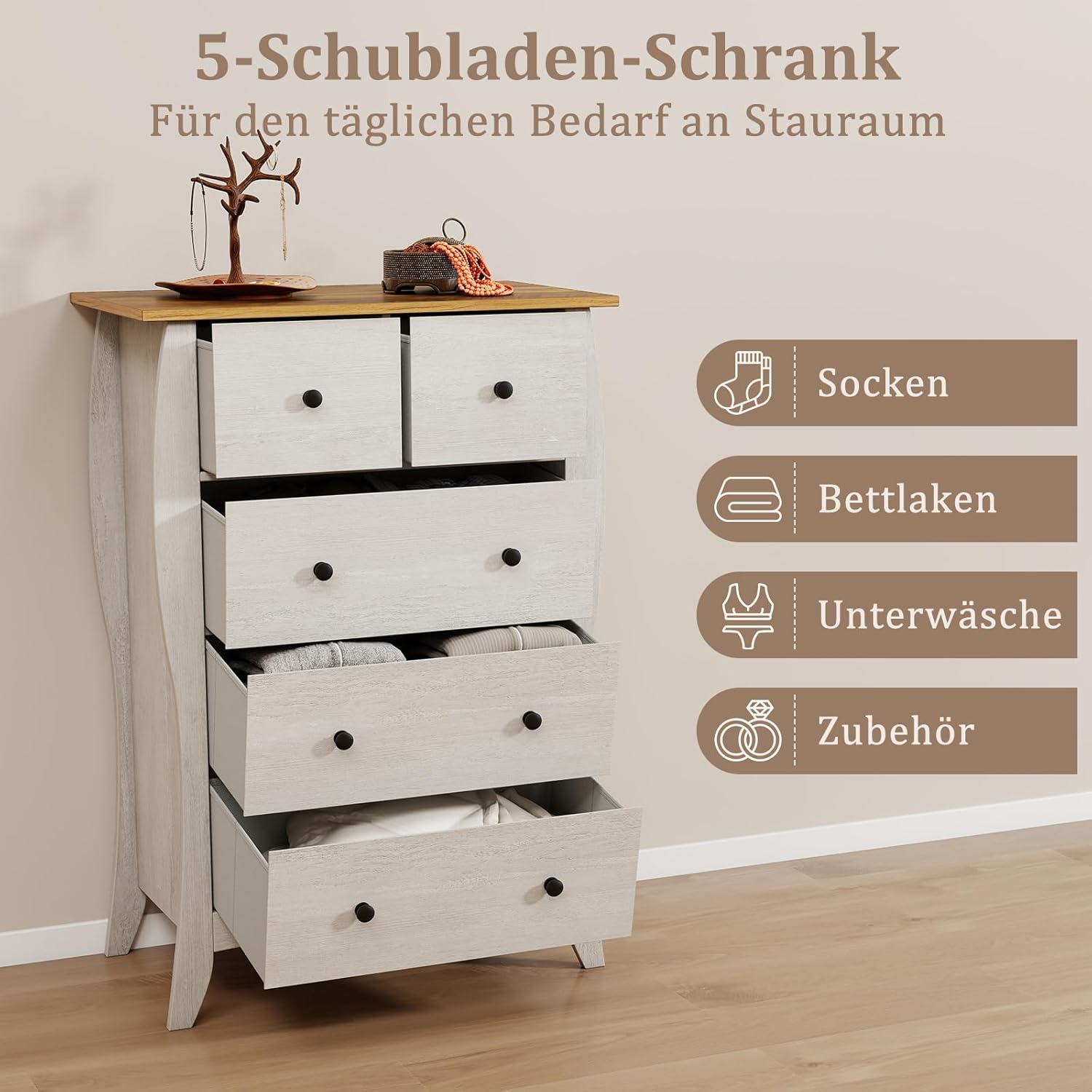 The 5-drawer dresser with drawers open, showing various items like socks, sheets, and accessories stored inside.