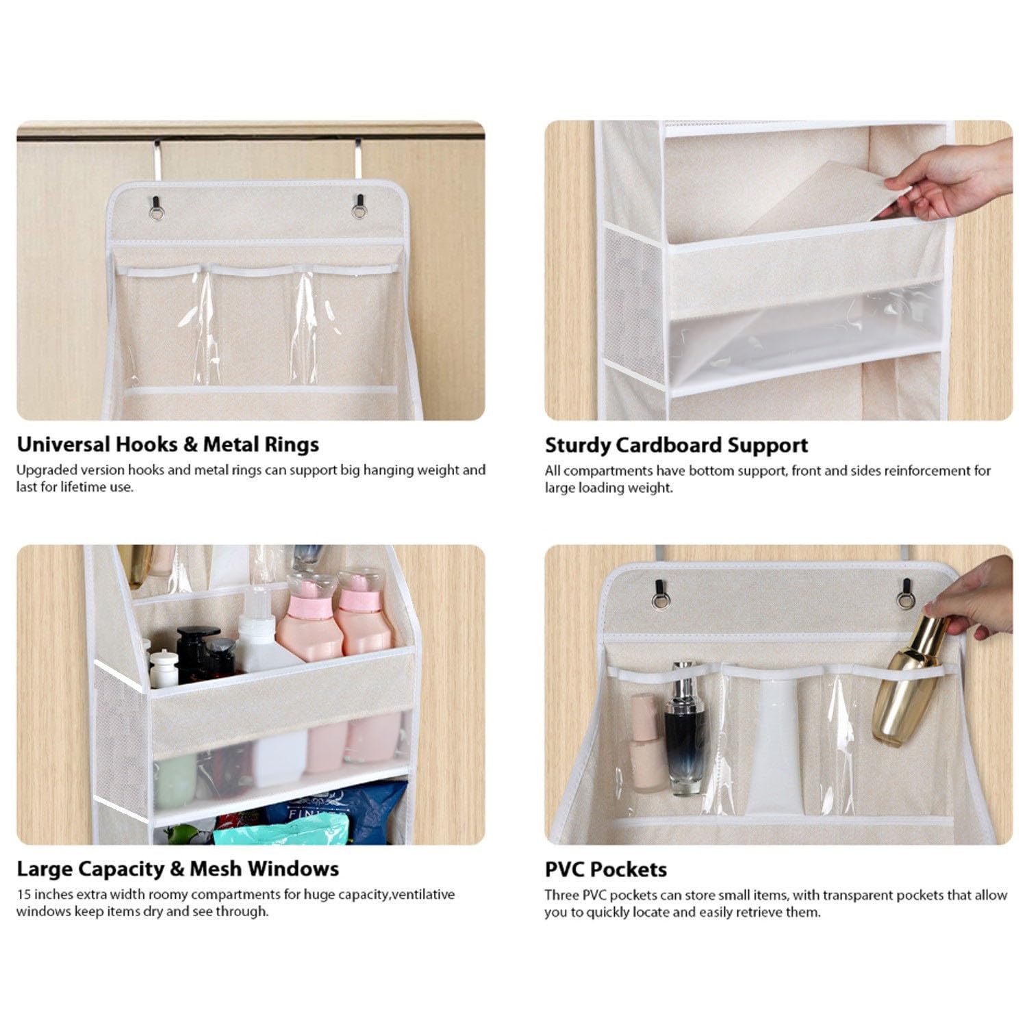 Organizer da appendere alla porta con 6 ripiani, in tessuto, con 5 grandi tasche e 3 piccole tasche in PVC, da appendere alla parete, grigio (2)