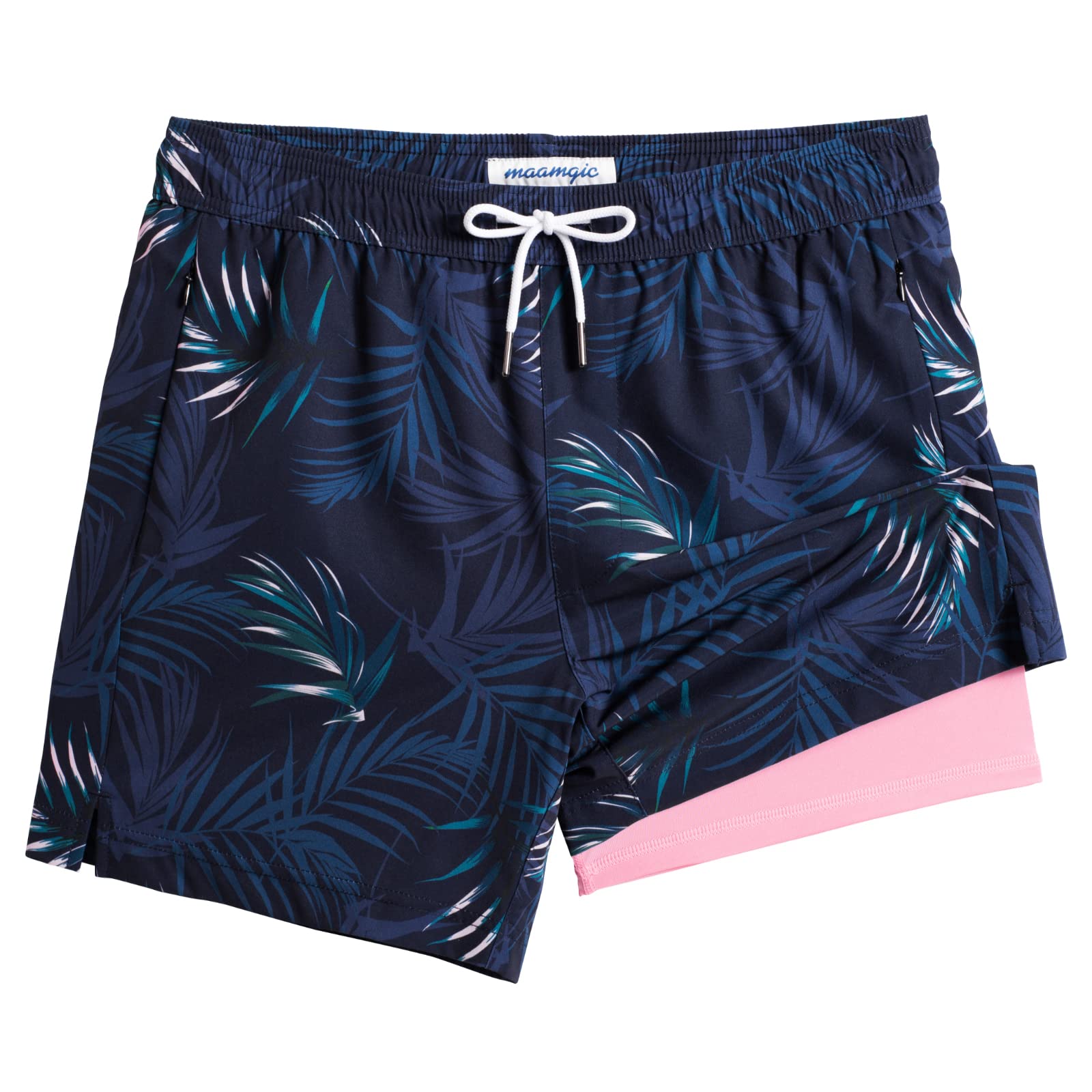 maamgic Mens Swim Trunks with Compression Liner 5 Inch, Quick Dry Bathing Suit with Zipper Pockets, No-Chafing Swim Shorts