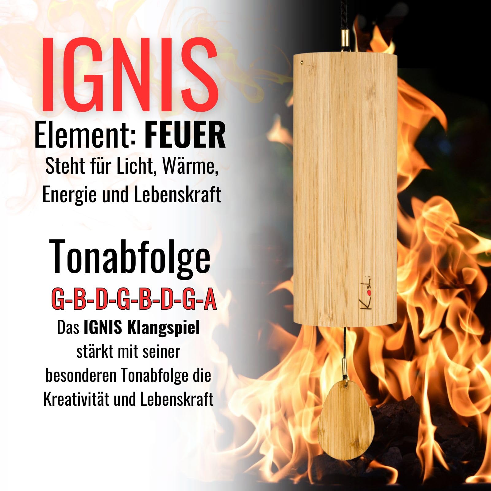 Koshi Klangspiel aus Bambusfurnier Ignis Feuer | Windspiel mit Geschenkverpackung | Geschenkbox | Verpackung