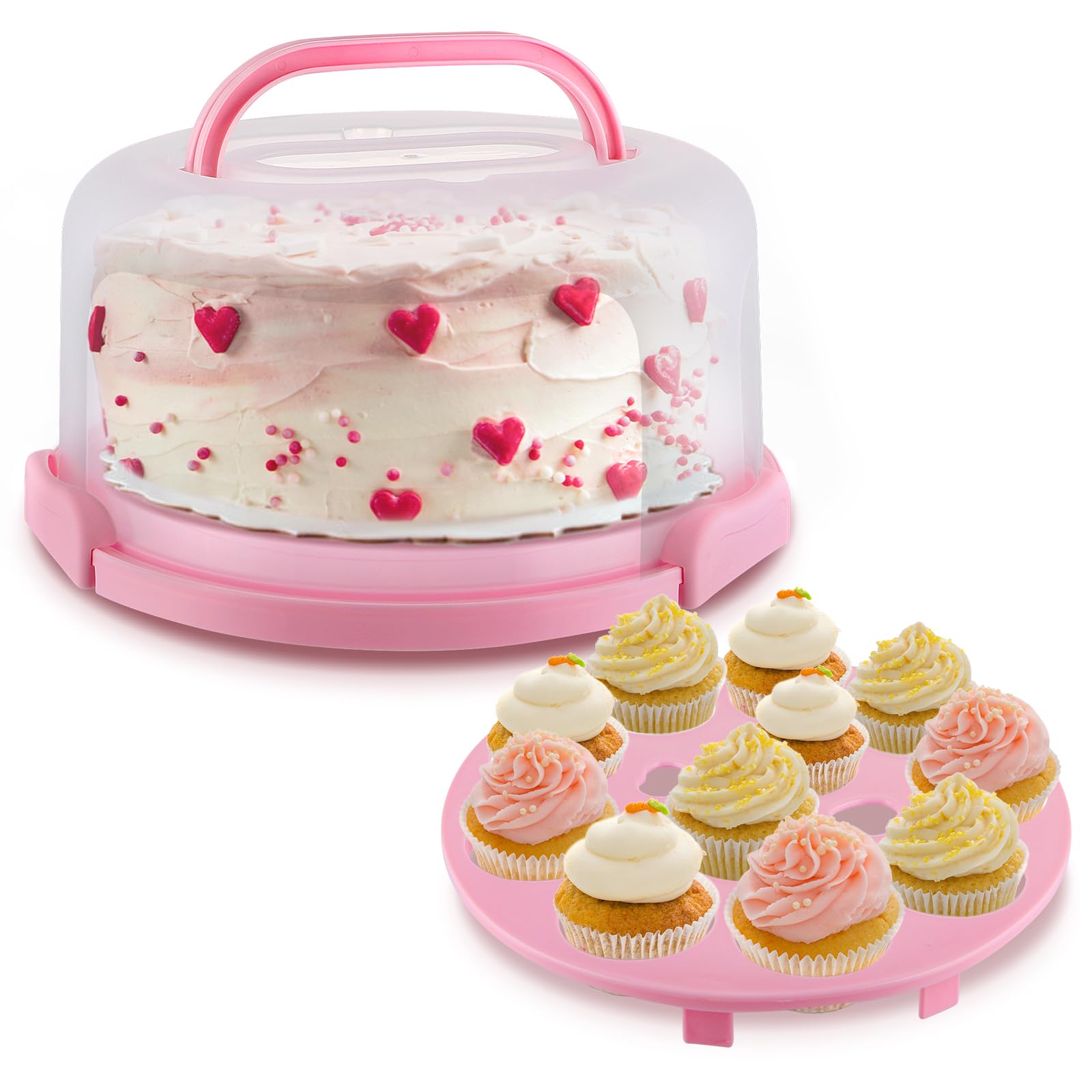 MOLIGOU10 Inch Cake Carrier with Lid and Handle, Cupcake Carrier Fits 11 Cupcakes, Cake Holder Container with Three Secure Side Closures