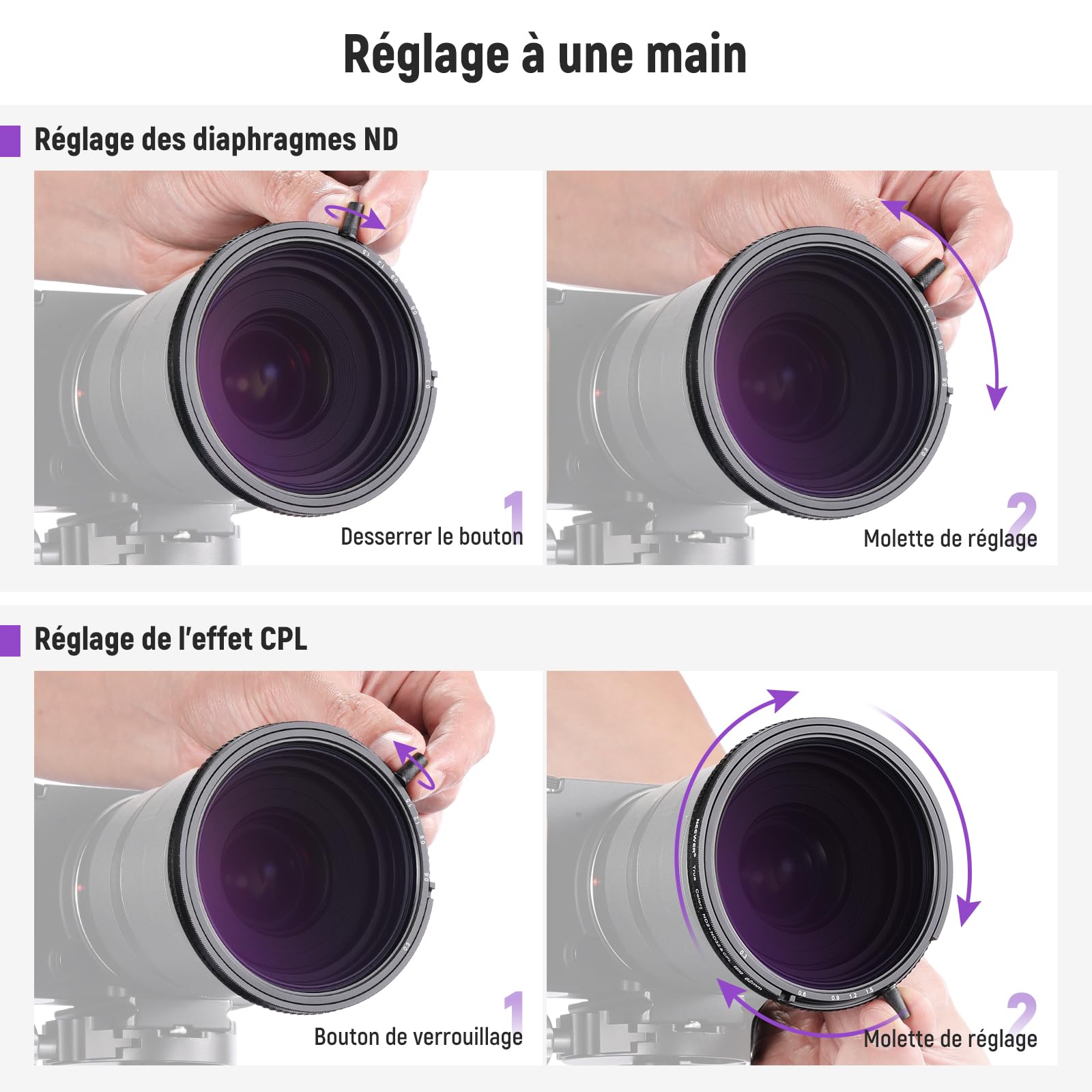 NEEWER 62mm True Colors Filtre ND2-ND32 et CPL Variable 2 en 1, Densité Neutre Réglable, Filtre Polarisant Circulaire, Verre Optique HD Multicouche/Cadre en Aluminium/Hydrofuge/Résistant aux Rayures