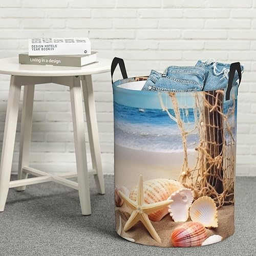 Miniatura 8 de Cesta circular impermeable con estampado de estrellas de mar y conchas marinas, con asas para ropa, juguetes, tamaño mediano