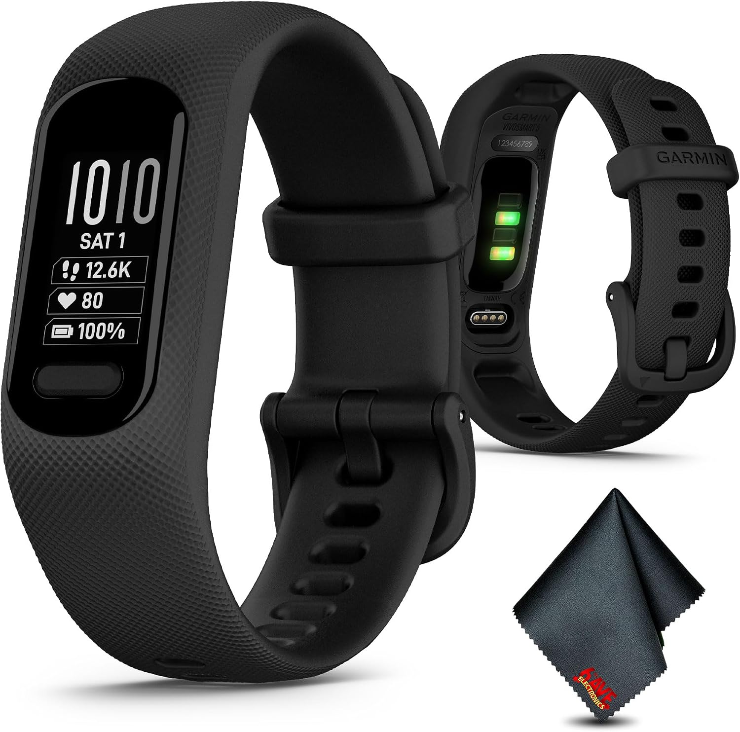 Garmin vívosmart 5, Fitness Tracker, Long-Lasting Battery, Simple Design, Black Large Bundle with Microfiber Cleaning Cloth