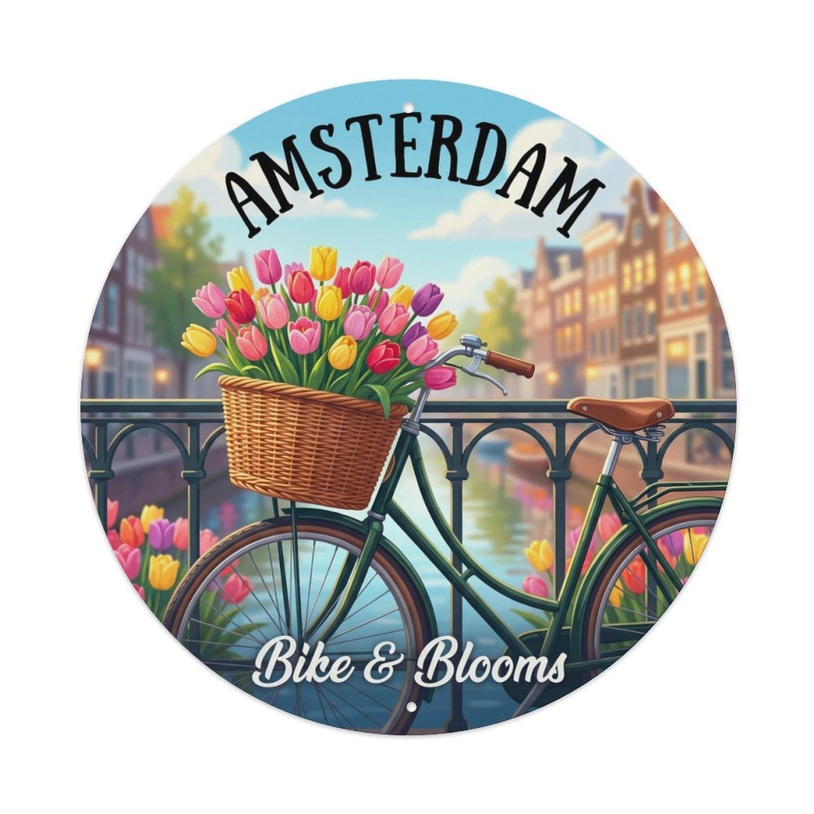Vintage Travel Amsterdam Bicycle Basket Metal Tin Sign Plaque Wall Decor for Cafe, Club, Garden Round Metal Poster 8x8Inch