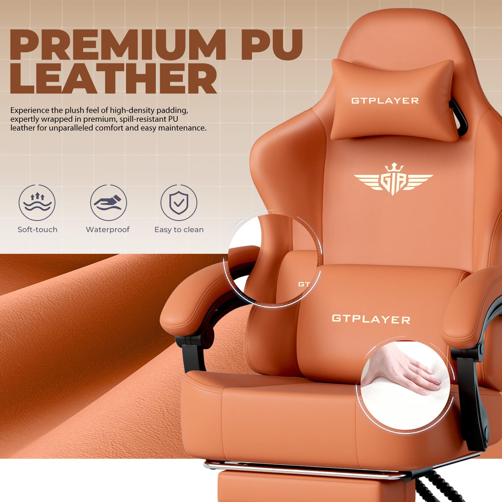 GTPLAYER Sedia da gioco, traspirante, sedia da ufficio, ergonomica, in tessuto di alta qualità, ergonomica, schienale regolabile a 160°, poggiapiedi estraibile,carico 180 kg,arancione