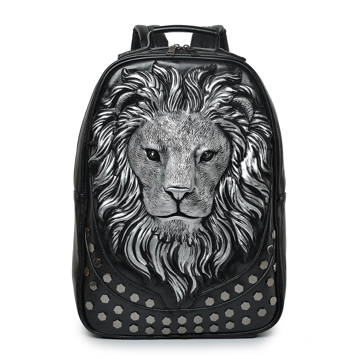 kiisy 3D Lion Leather Laptop Backpack Unique Designer Fashion Travel Rivet Punk Backpack (Black S)